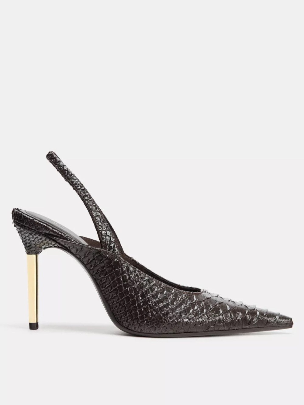 Pointed Embossed Slingback Stiletto in Dark Chocolate with Gold Heel - Zara NWT